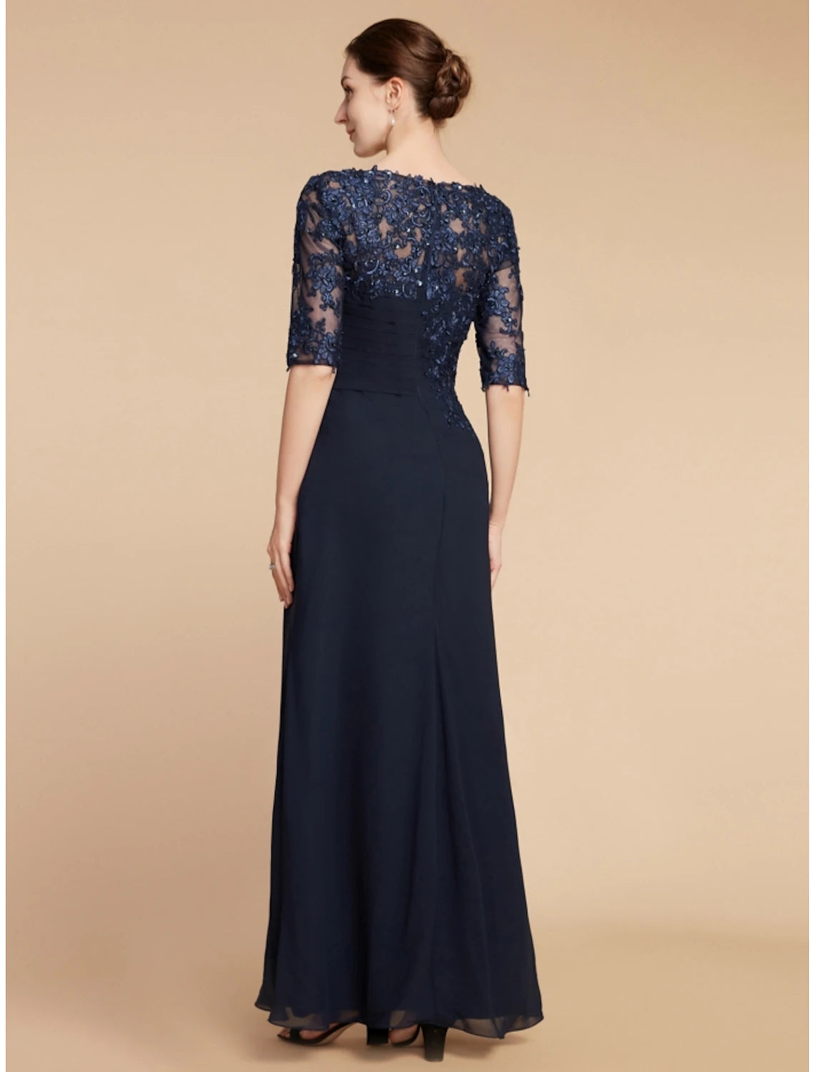 Wholesale Sheath / Column Mother of the Bride Dress Wedding Guest Elegant Scoop Neck Ankle Length Chiffon Lace Half Sleeve with Sequin Ruching Solid Color